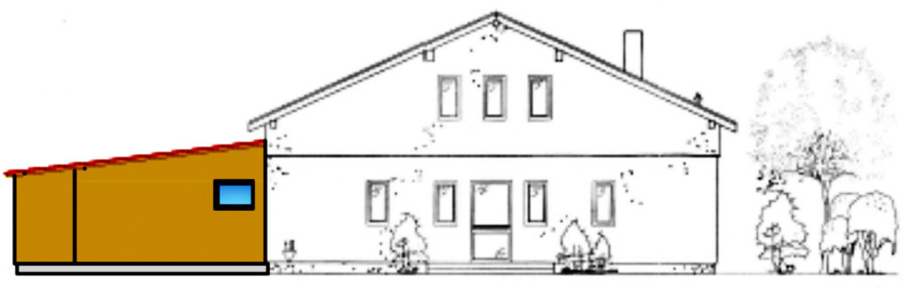 Eine Zeichnung des Stammesheimes von der Seite mit dem zukünftigen Anbau an der linken Seitenwand.